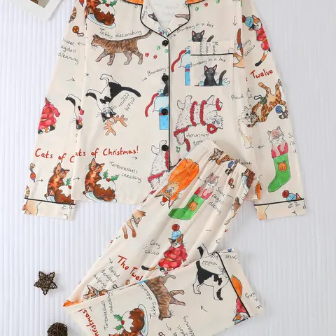 Women's Christmas Cartoon Cat Print Pajama Set, pj pants set, Button Front Long Sleeve Top and Comfortable Pants, Casual Fitted Sleepwear for All Seasons