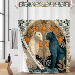 1pc Hookless Shower Curtain with Buckled Liner, Retro Style Double Leopard & Orange Tree 2D Flat Printing, Fabric Waterproof Liner, Double-Layer Shower Curtain with See-Through Window, 71 x 74 Inches, Modern Home Curtain Decoration
