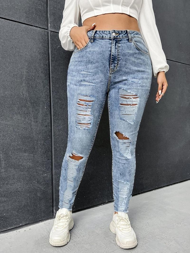 Plus Size Women's Comfortable Elastic Skinny Jeans with Ripped Details, High Waisted Street Style Denim Jeans for All Seasons Plus Size Women's Comfortable Elastic Skinny Jeans with Ripped Details, High Waisted Street Style Denim Jeans for All Seasons
