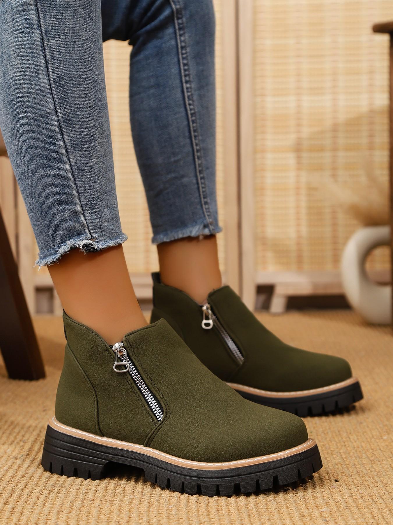 Women's Vintage Textured Thick Sole Chelsea Boots, Side Zipper Easy On/off, Height-Boosting Round Toe Short Boots, Anti-Slip Comfortable Outerwear