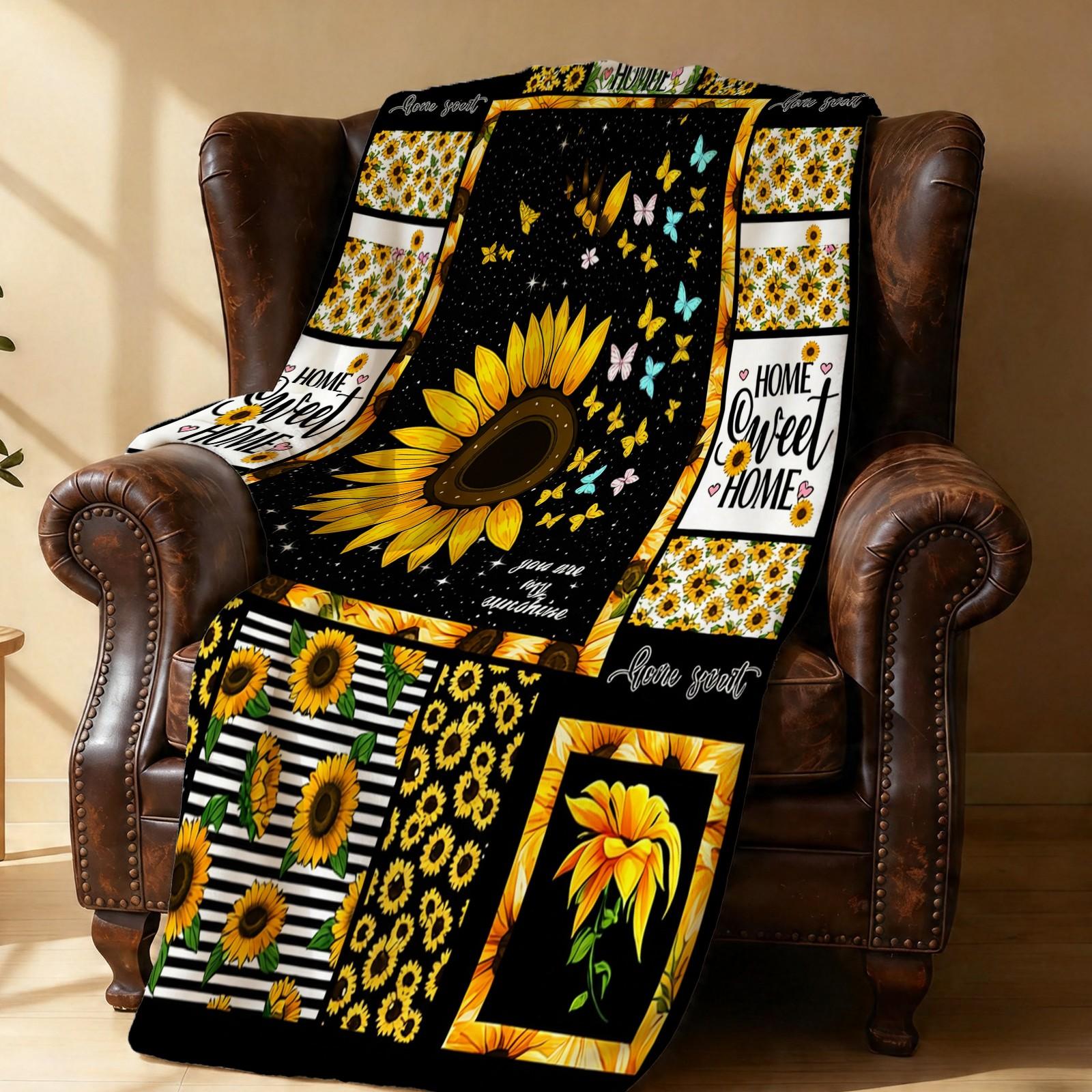 Sunflower Themed Flannel Throw Blanket, Single-Side HD Printed, Retro Farmhouse Style, Soft & Lightweight Multi-Use Blanket for Napping, Camping, Picnics & Home Decor, Suitable for Teens & Adults, Heartfelt Gift for Her