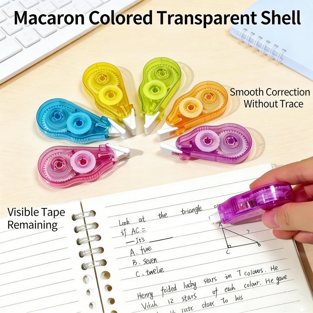 6-Pack Lightweight Transparent Correction Tape, Flip-Top Portable Design, Multiple Color Options, Ideal for School Notes, Exams, Office Supplies