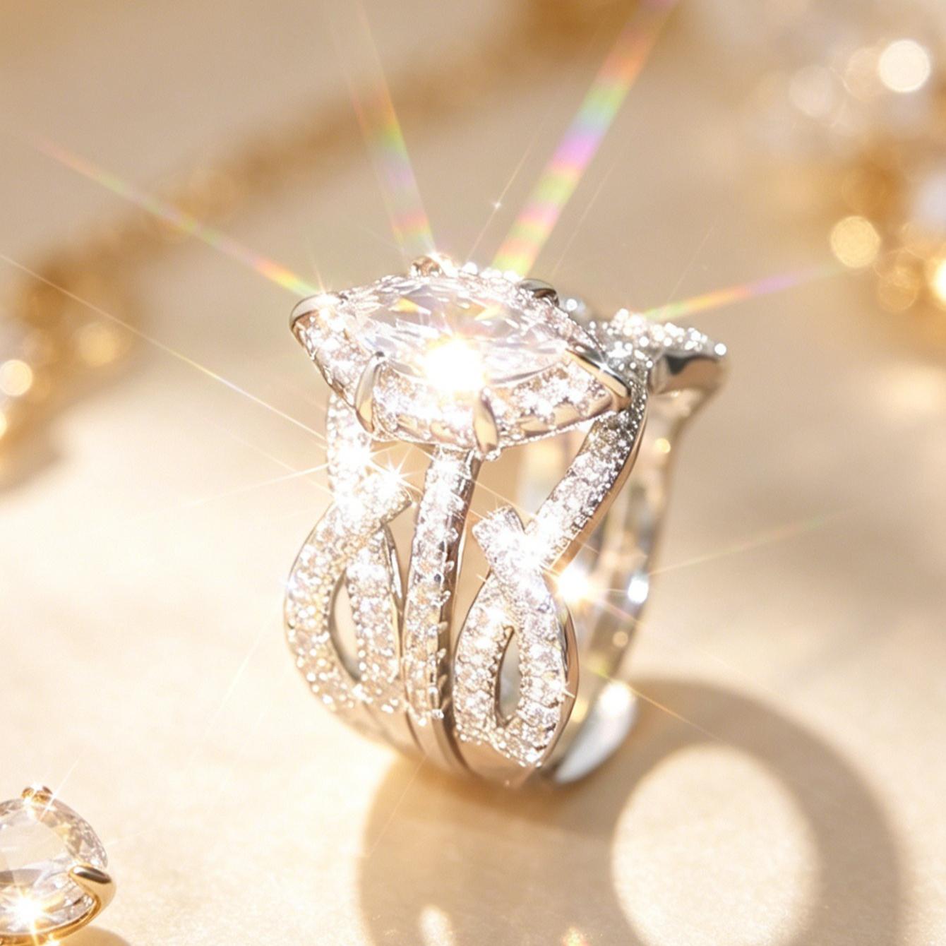 2pcs Stackable Marquise Cubic Zirconia Ring Set - Vintage Infinity Design with Pave Accents, Ideal for Bridal & Formal Occasions