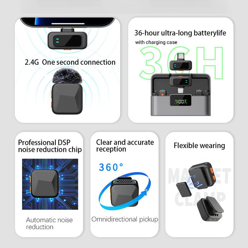 Wireless Lavalier Microphone, Rechargeable Wireless Mic for iPhone iPad Android, 36h Battery Life, Noise Cancellation, Clip-On Lapel Mic for Youtube, Video Recording, Vlog