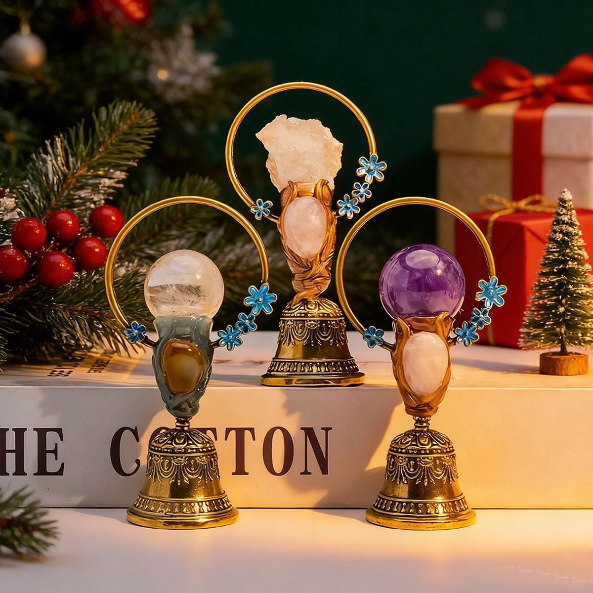 Natural Crystal Ball Brass Hand Bell, Copper Feng Shui Healing Bell, Home Decoration, Christmas Bell Gifts & Souvenir, 1pc