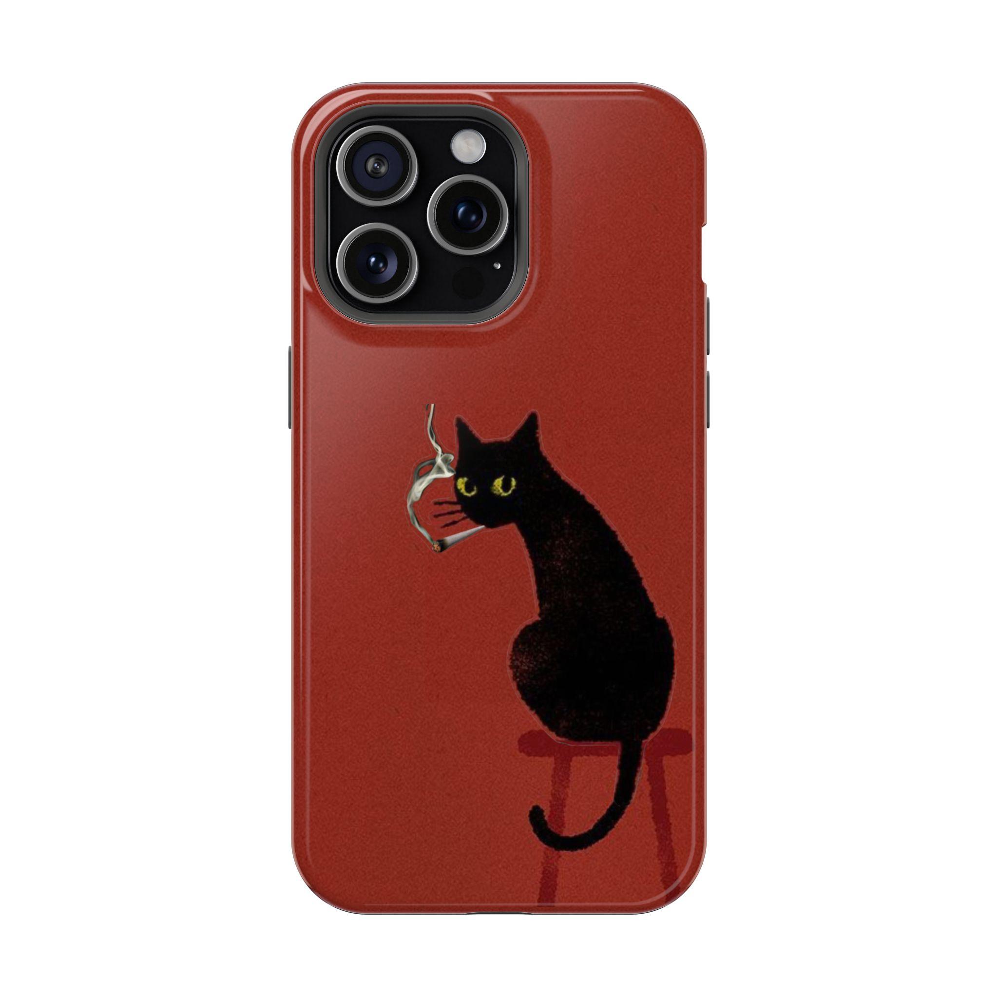 Vintage Black Cat Polycarbonate Smartphone Protector Shell - Slim, Lightweight, Flexible Liner, Shockproof, Durable, Full-Wrap Smoking Night Vibes Case for iPhone 13-17 Pro Max & Galaxy S21-S26 Ultra Handheld Devices