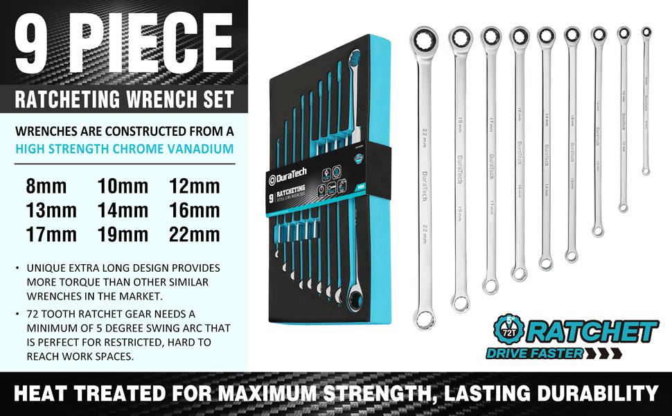 DURATECH Extra Long Ratcheting Wrench Set, Double Box End Wrench Set, Metric, 9-Count, 8,10,12,13,14,16,17,19,22 mm, CR-V Steel, with EVA Foam Tool Organizer