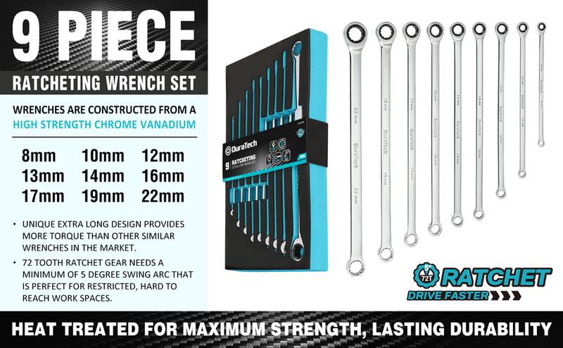 DURATECH Extra Long Ratcheting Wrench Set, Double Box End Wrench Set, Metric, 9-Count, 8,10,12,13,14,16,17,19,22 mm, CR-V Steel, with EVA Foam Tool Organizer