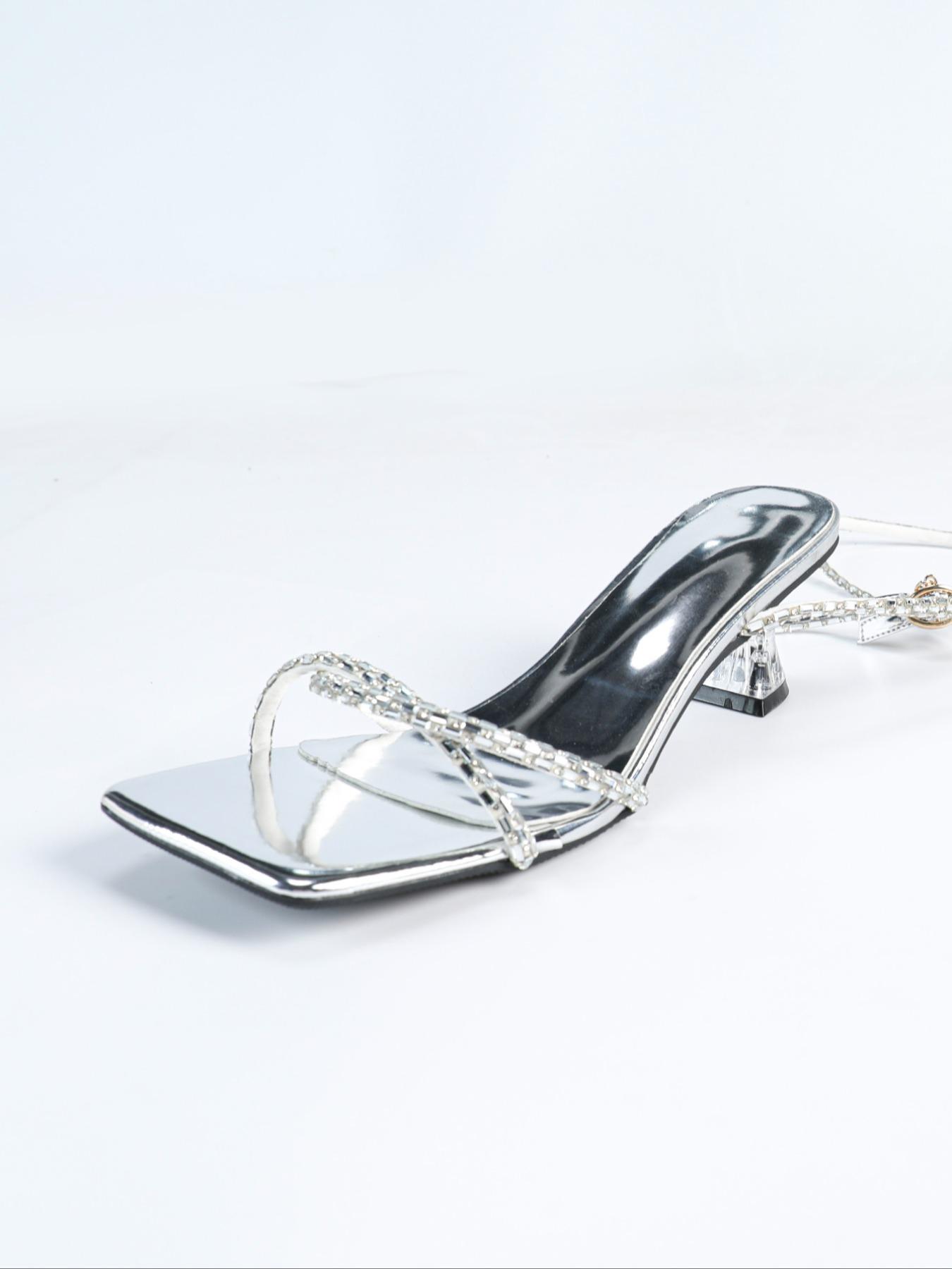 Women's Fashionable Glittering Cross Strap High Heel Sandals, Elegant Square Toe Sandals for Party, Daily Clothing Decor for Women & Girls