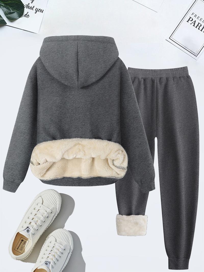 Women's Coffee Weather Print Hoodie & Sweatpants Set, Fleece Lined Thick Casual, Fall Winter Two-Piece Set, Plain Style