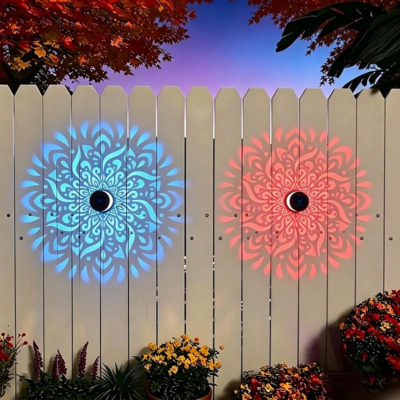 2-Pack Solar Mandala Projector Wall Lights, Waterproof Metal Fence Light, Outdoor Decor for Garden, Patio, Backyard, Courtyard, Outdoor Decorative Lights, Patio Lighting, Solar Powered Lighting