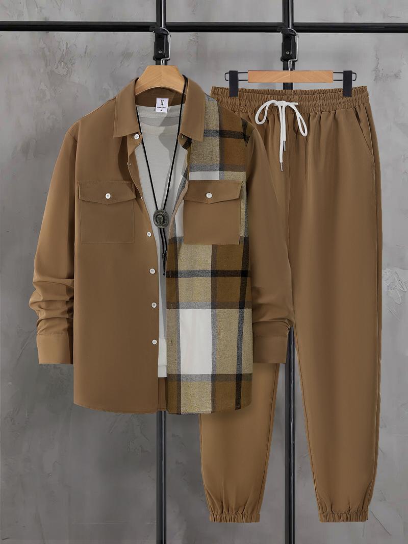 【Plus Size】 Men's Plaid Print Button Front Shirt & Drawstring Waist Pants Set, Regular Fit Casual Checked Long Sleeve Collared Top & Pocket Trousers, Men's Spring & Fall Clothes, Men's 2 Piece Set, Longsleeves Menswear