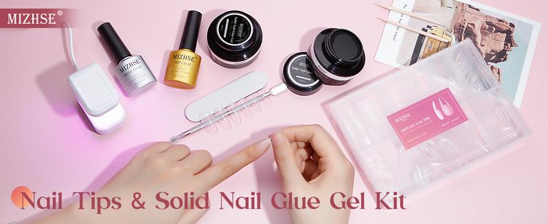 MIZHSE 6-in-1 Nail Kit – Solid Glue, 240pcs Almond Tips, UV Lamp, DIY Extension Set