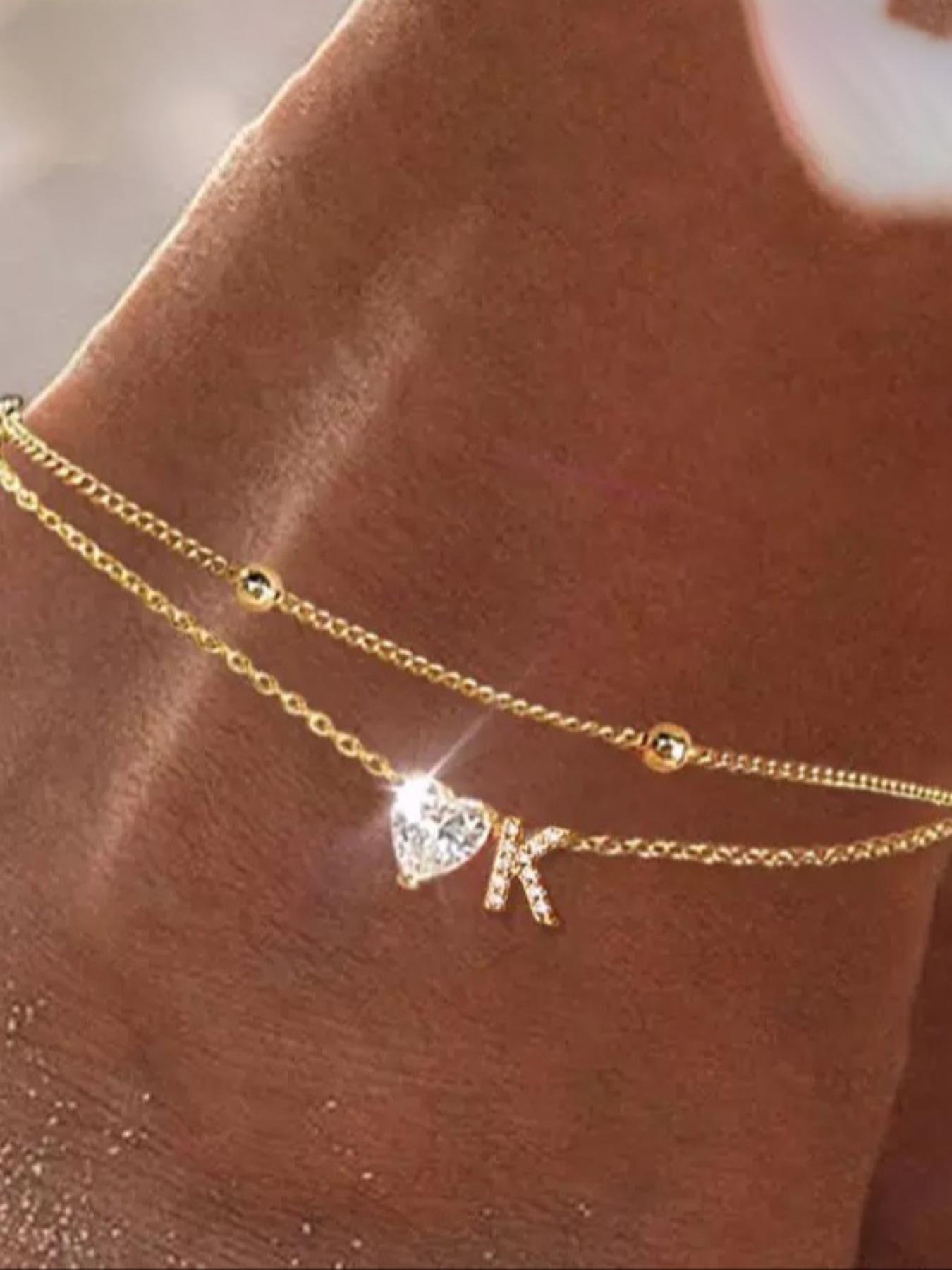Initial Anklet for Women, Dainty Love Heart Cz Layered Letter, Waterproof Personalized Fashion Jewelry Gift