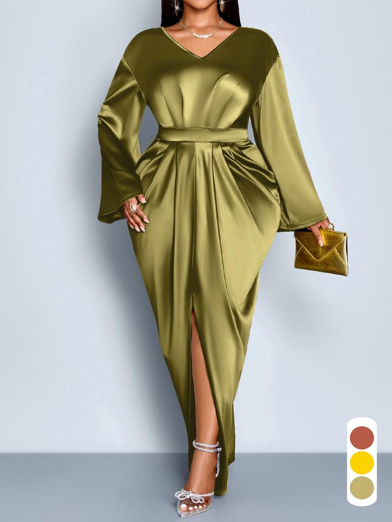 Elegant V Neck Backless Long Sleeve Dress, Plus Size Women's Fall Fashion, Slim-Fitting High Waist Split Skirt for Evening Parties