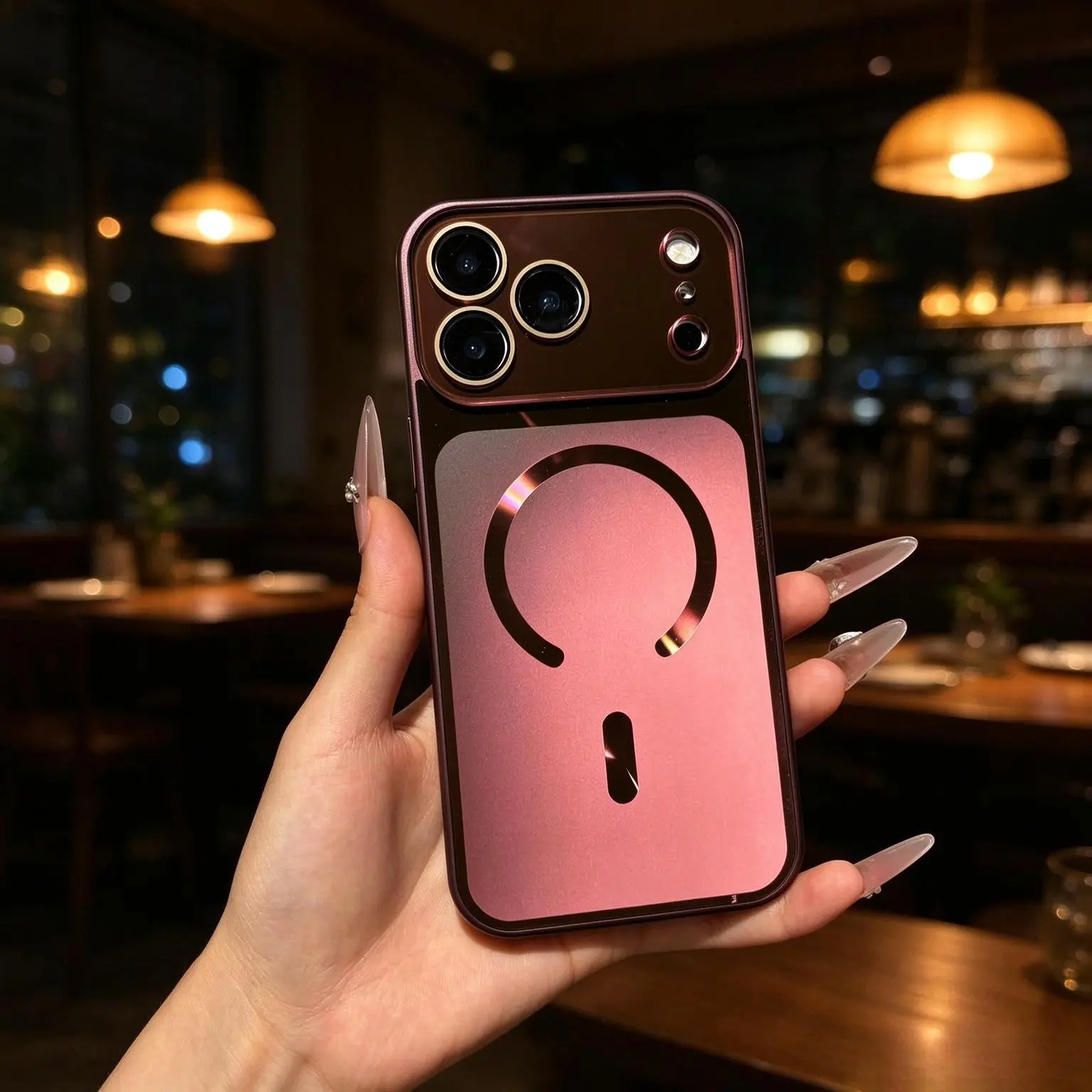 Magnetic Phone Case Shimmer Flow Design, Panoramic Large Window, Lens Protector, Mag-Safe Compatible Back, Comfortable Grip Cover for iphone 18 Pro Max / 18 Pro / 17 Pro Max / 16 Pro,Chambray Blue, Burgundy Casing Accessories techvibes