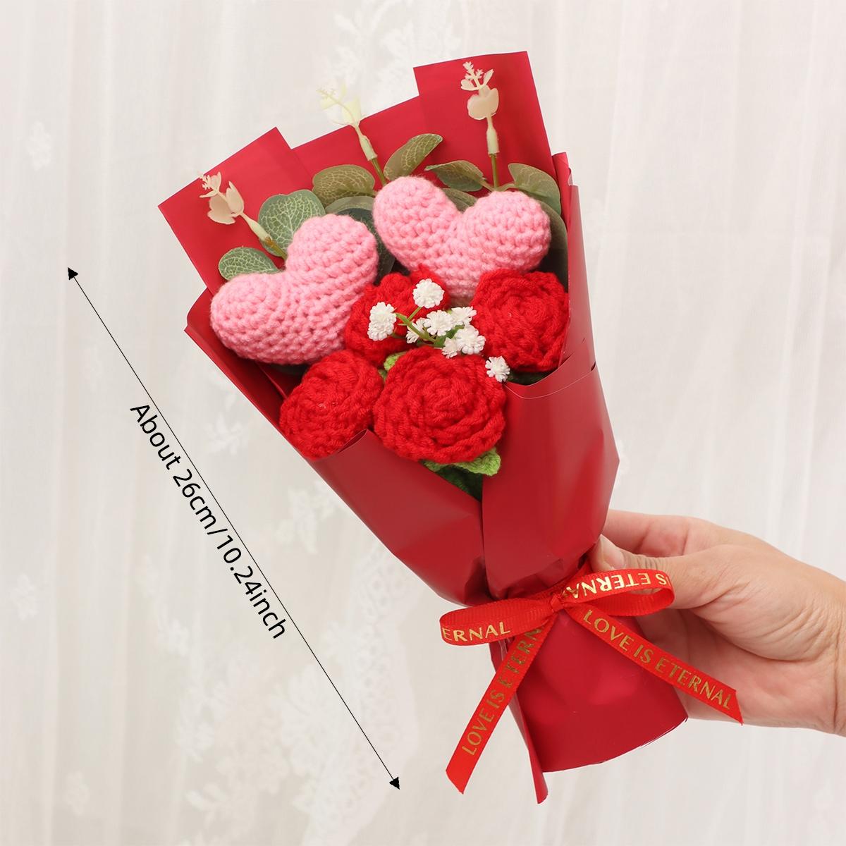 Handmade Knitted Yarn Artificial Flower Bouquet, Heart and Rose Flowers, Perfect Gift for Valentine's Day Mother's Day Thanksgiving