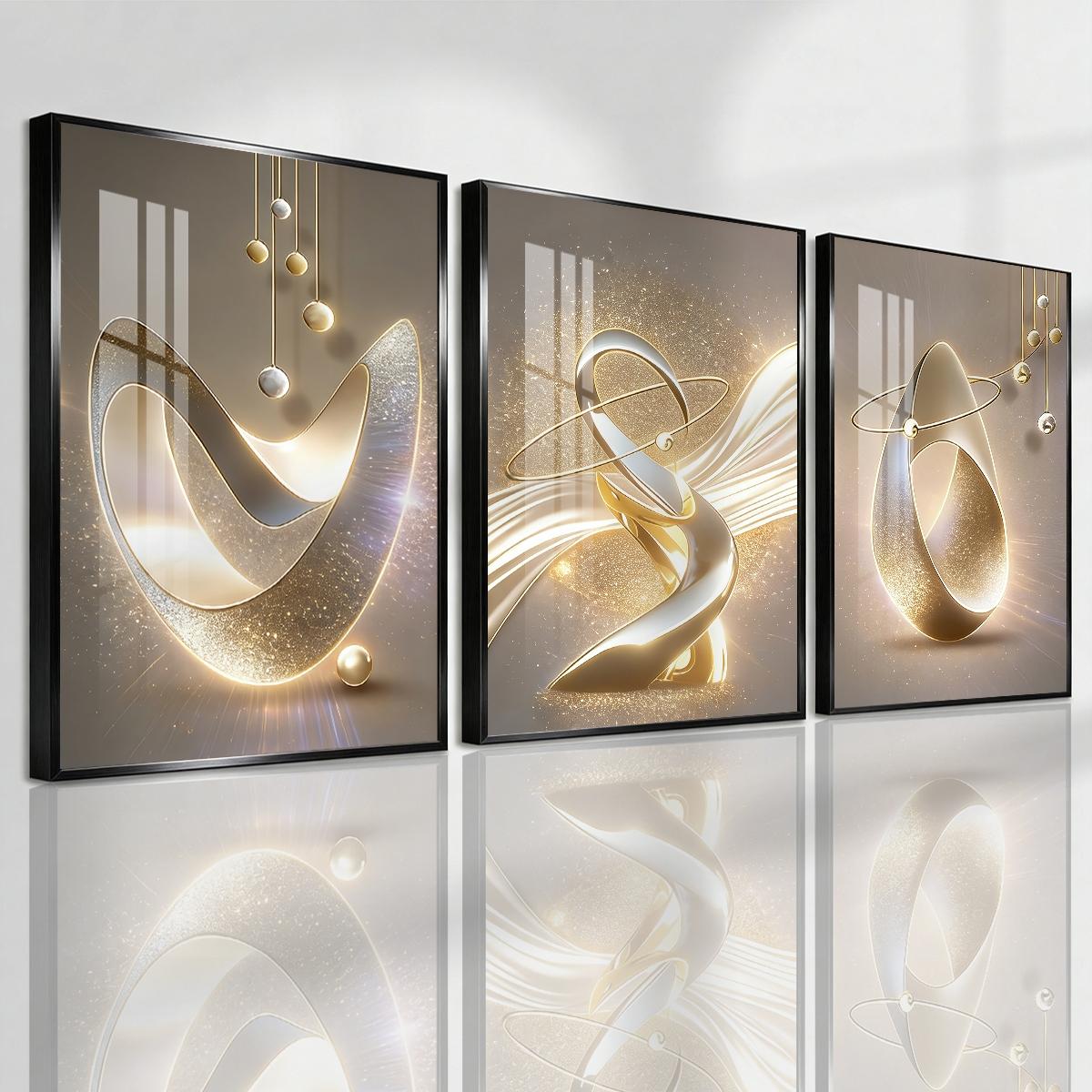 3 Counts Aluminum Alloy Framed Painting, Golden Abstract Sculpture Art Pictures, Home Decoration For Living Room, Bedroom, Office, Restaurant, Hallway Wall Decor, Odorless Print Artwork, Luxury Perfect Gift For Friends And Family