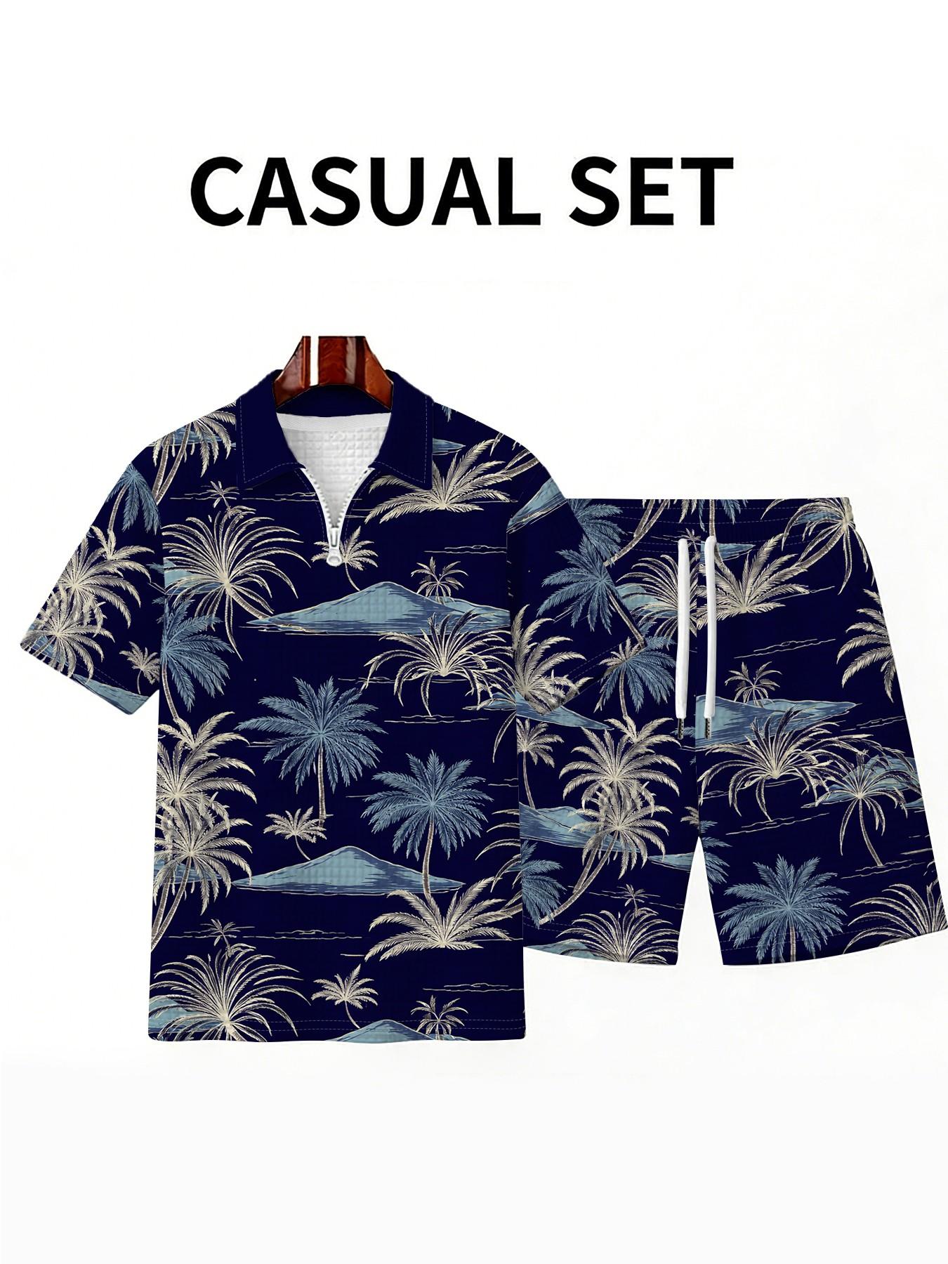 Men's Navy Palm Island Style Polo Set, Loose-Fit Zipper Top, Casual All-Over Print, Summer Breathable Beach Wear, Large Size