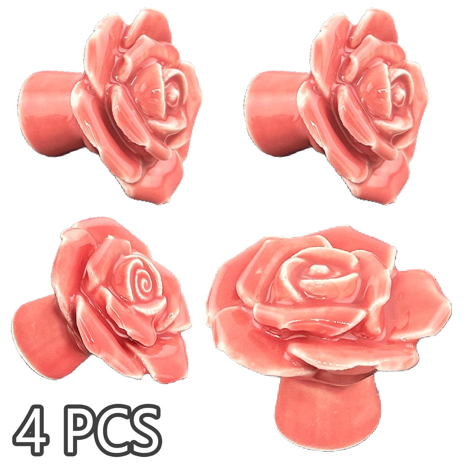 4 Pack Pink Rose Ceramic Cabinet Knobs – Decorative Floral Drawer Pulls with Mounting Screws, Elegant 3D Rose Shaped Knobs for Kitchen Cabinets, Bathroom Vanities, Dressers, Wardrobes, Nightstands, Bookcases and Home Improvement Projects