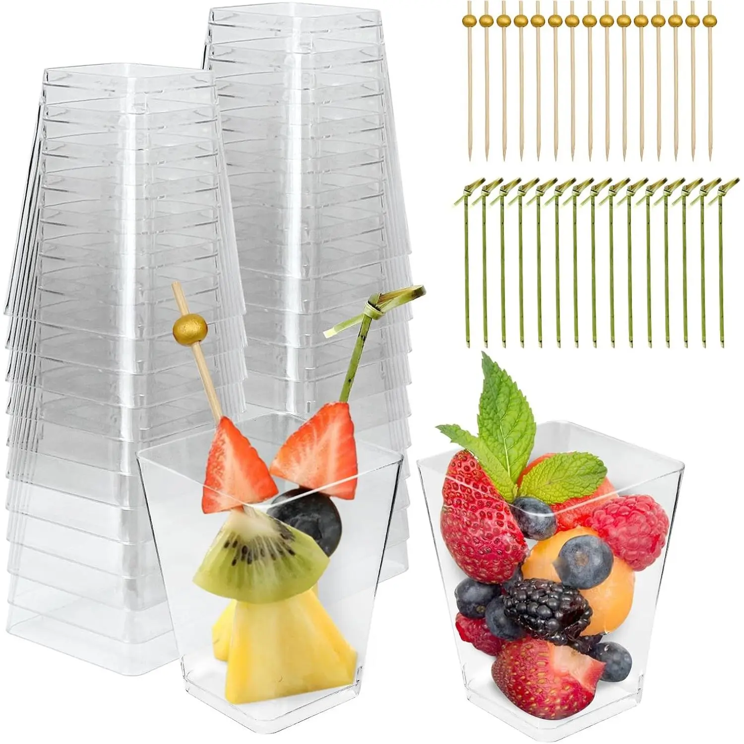 50 Sets 5 oz Plastic Charcuterie Cups with 100 Sticks | Clear Mini Fruit Appetizer Cups with  Picks, Disposable Small Dessert Cups for Snack Salad Dip Veggies Party Serving