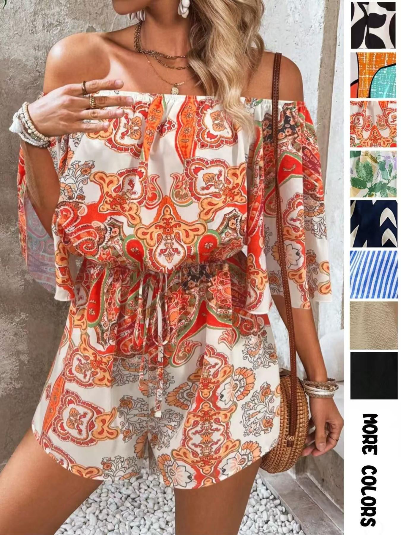 Women's Leaf Print Off Shoulder Tie Front Adjustable Lightweight Feminine Bohemian Romper. Casual Short Flounce Sleeve Romper for Summer. Fashion Women's Clothing Womenswear for Beach Holiday Vacation Women's Leaf Print Off Shoulder Tie Front Adjustable Lightweight Feminine Bohemian Romper. Casual Short Flounce Sleeve Romper for Summer. Fashion Women's Clothing Womenswear for Beach Holiday Vacation