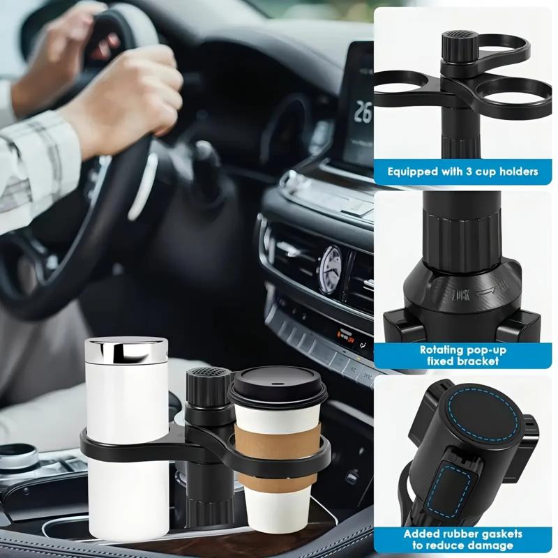 Multi functional 3-in-1 car cup holder extender, 3-layer car cup holder recessed extender adapter, with adjustable base, 360 degree rotating beverage and coffee cup holder, compatible with small/medium cups