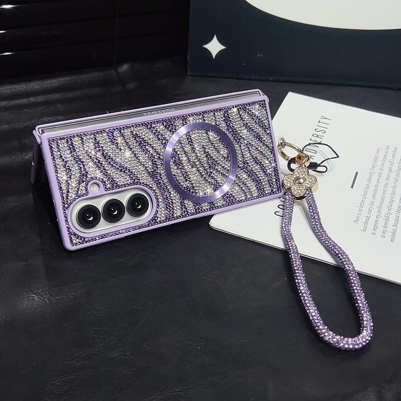 Compatible with Z Fold7/Z Fold6/Z Fold5/Z Fold4/Z Fold3 | Rhinestone Magnetic Lanyard Full Wrap Shockproof Large Fold Phone Case HNZ0483