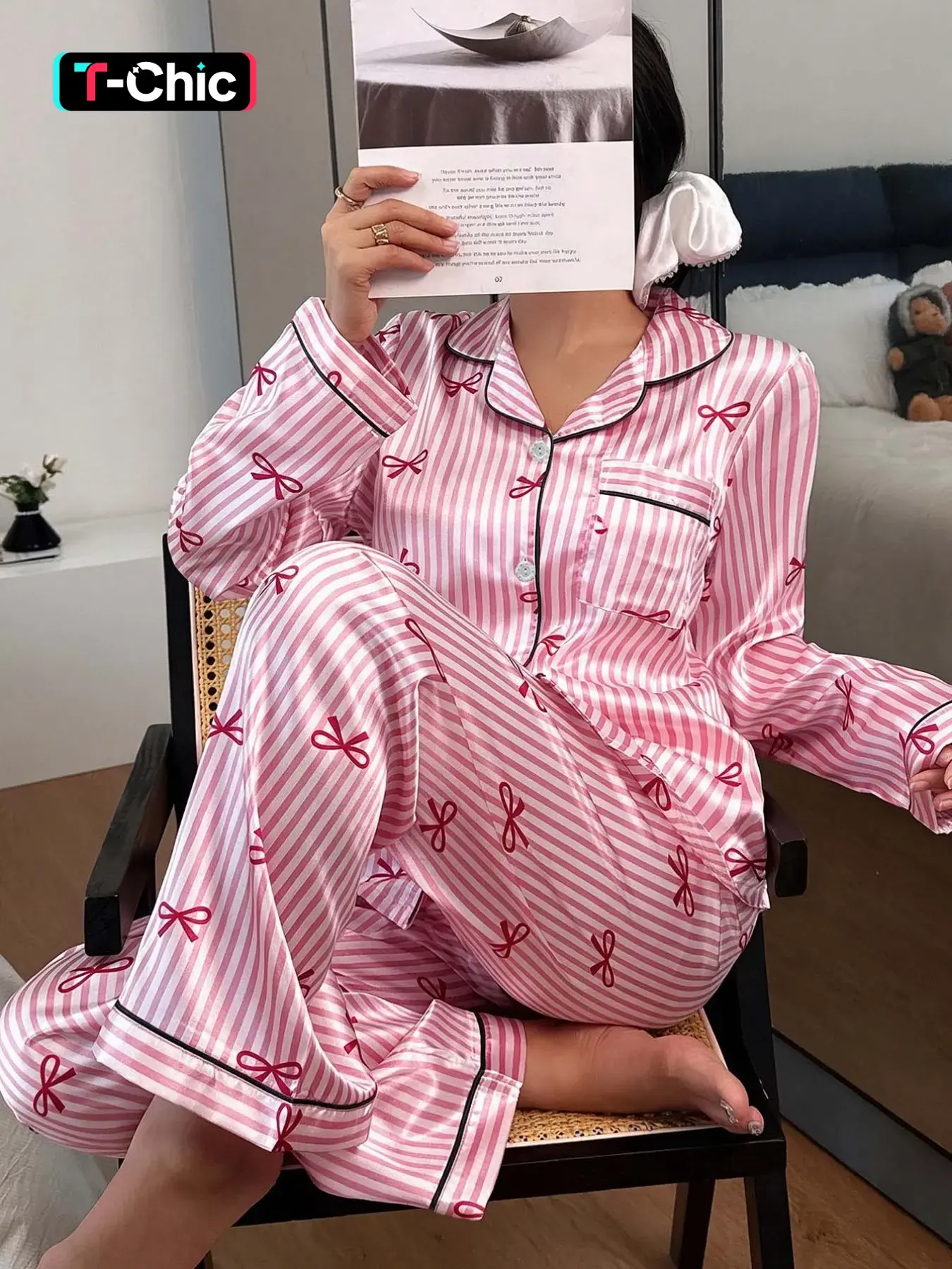 Women's Satin Striped Butterfly Print Long Sleeve Pajamas, Sweet Cute Button Collar Top and Pants Set, Casual Home Wear