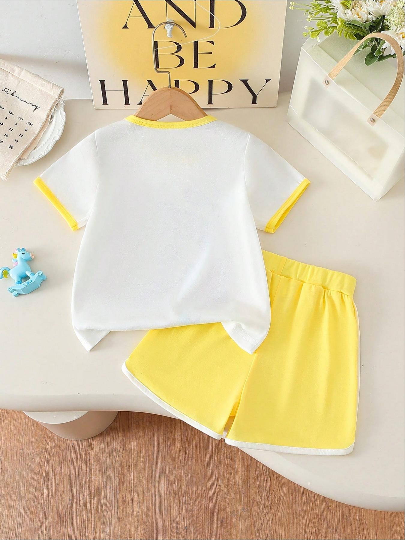 2pcs/Set Young Girls Colorful Unicorn & English Print Round Neck Short Sleeve T-Shirt And Elastic Waist Loose Shorts, Casual & Sports Outfit For Summer, School, Campus, College