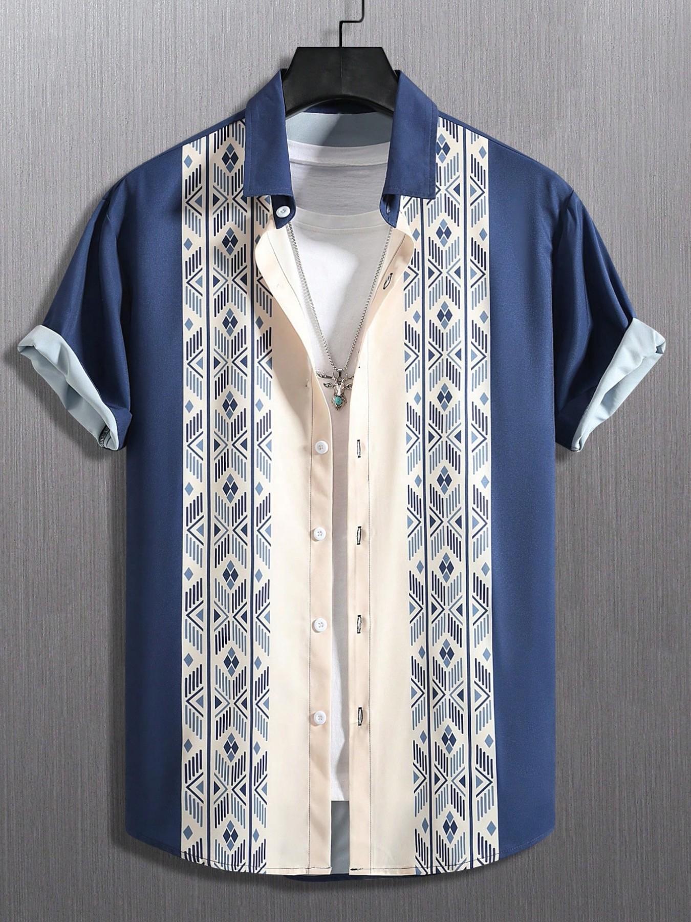 Men's Casual Short Sleeve Shirt, Ethnic Pattern Striped Print, Hawaiian Vacation Style, Summer Top, Fitted H-Type Silhouette