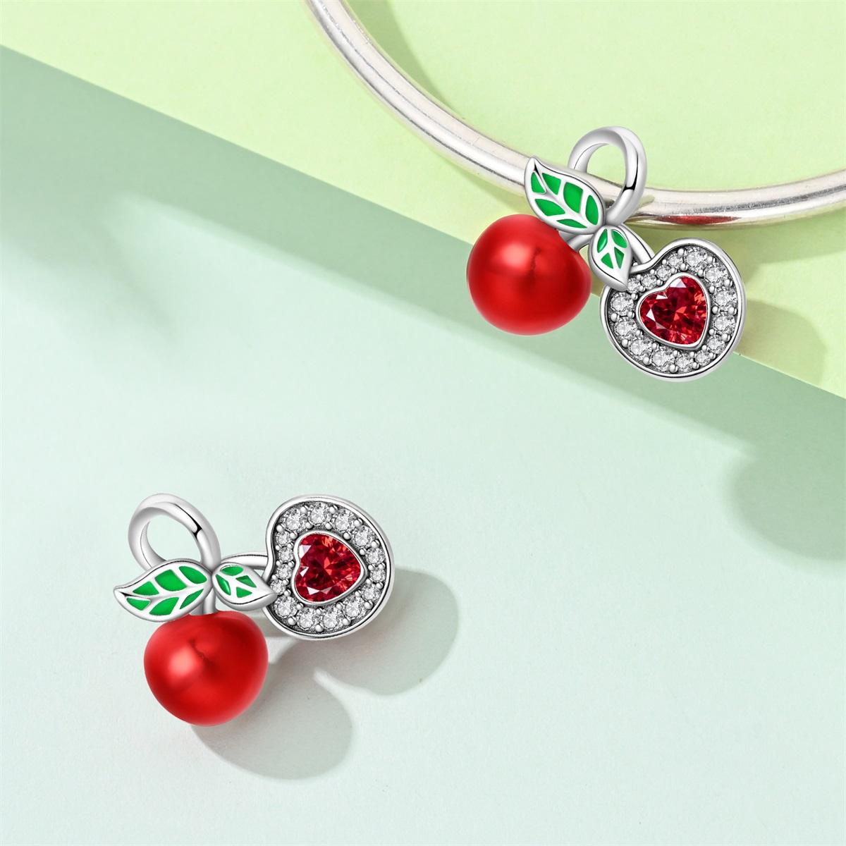 Cherry & Heart Dangle Charm, Ruby & Leaf Enamel, Cute Fruit Jewelry for Pandora Bracelet, Elegant Accessory for Women