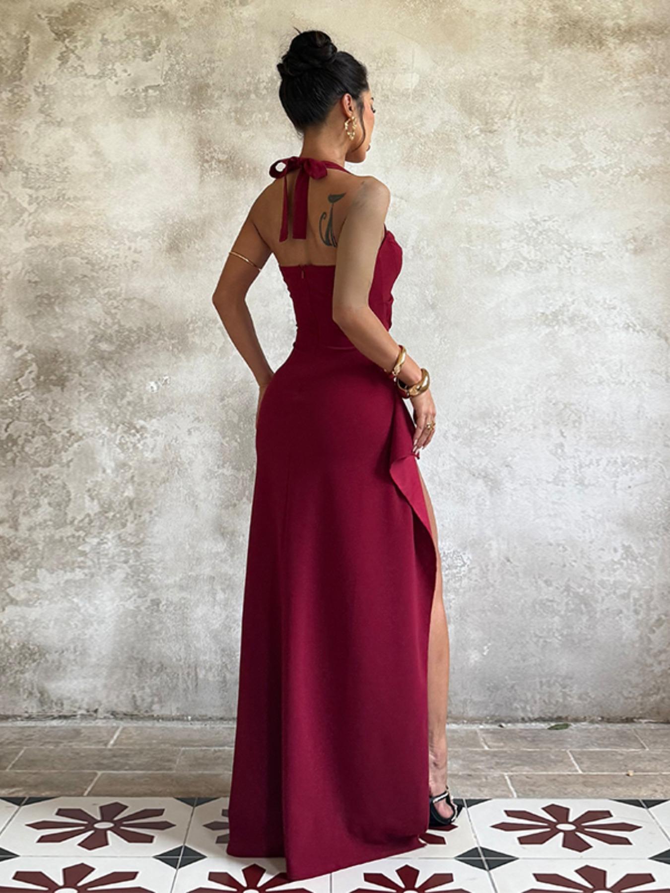 Backless Strapless Plain Slim Fit Slit Dress, Sexy All Season Women's Clothing, Perfect for Casual & Daily Wear