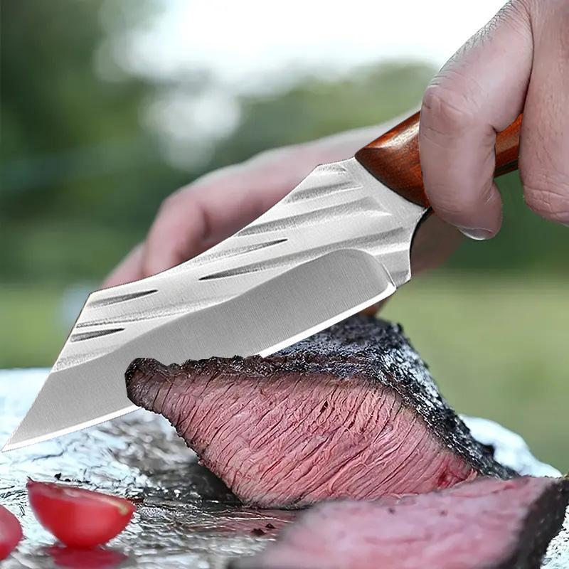 High quality handmade forged meat cleaver - ultra sharp steak knife, barbecue knife, kitchen chef's knife, kitchen cutting tool, ergonomic solid wood handle, handmade leather sheath - perfect for home kitchen, camping, barbecue cooking use