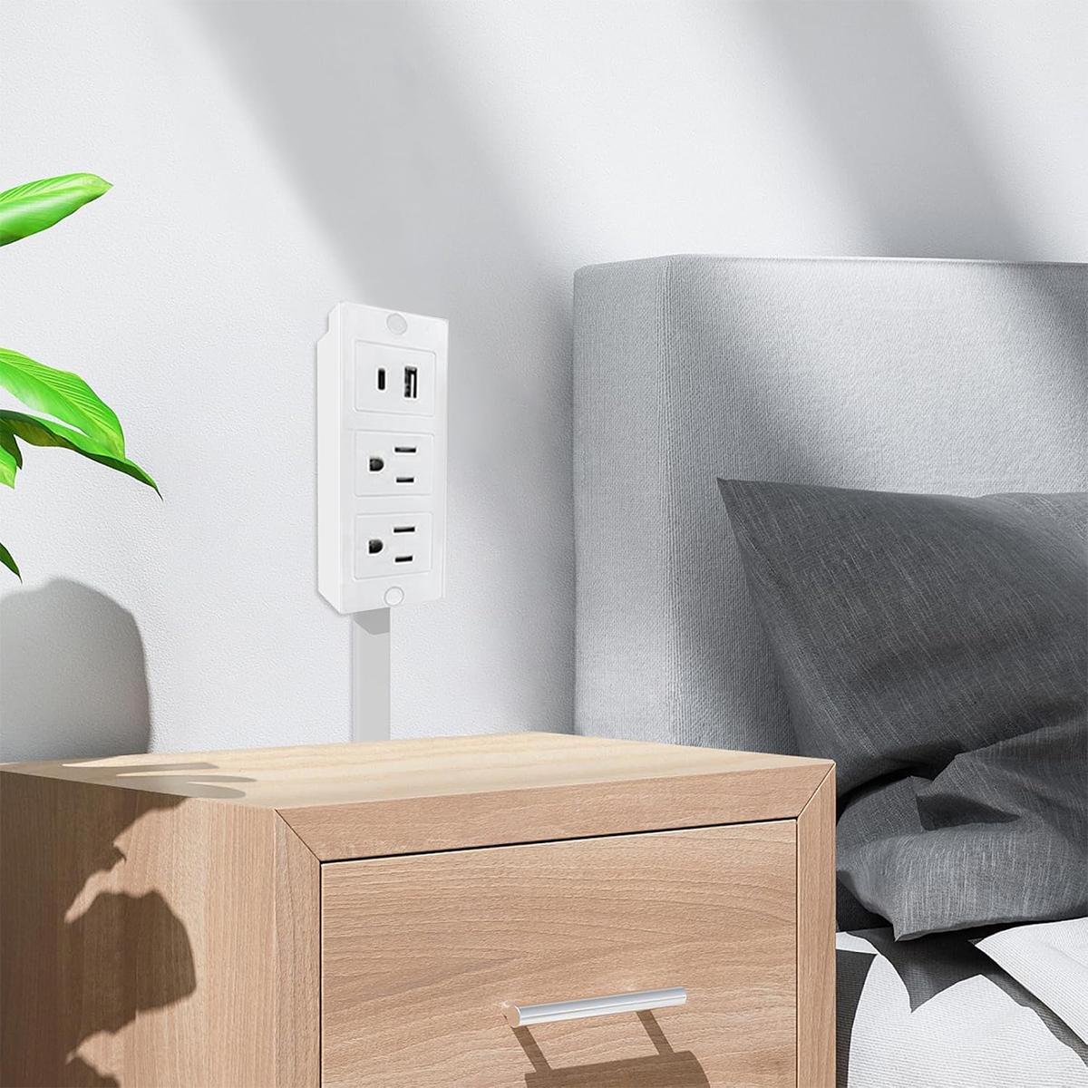 Power Socket Expander 180° Rotating Outlet Extender with 17"-27" Adjustable Extension Cord 2 AC Outlets + USB-A/USB-C Fast Charging Fire-Resistant & Overload Protection for Tight Spaces Behind Couches Beds Desks