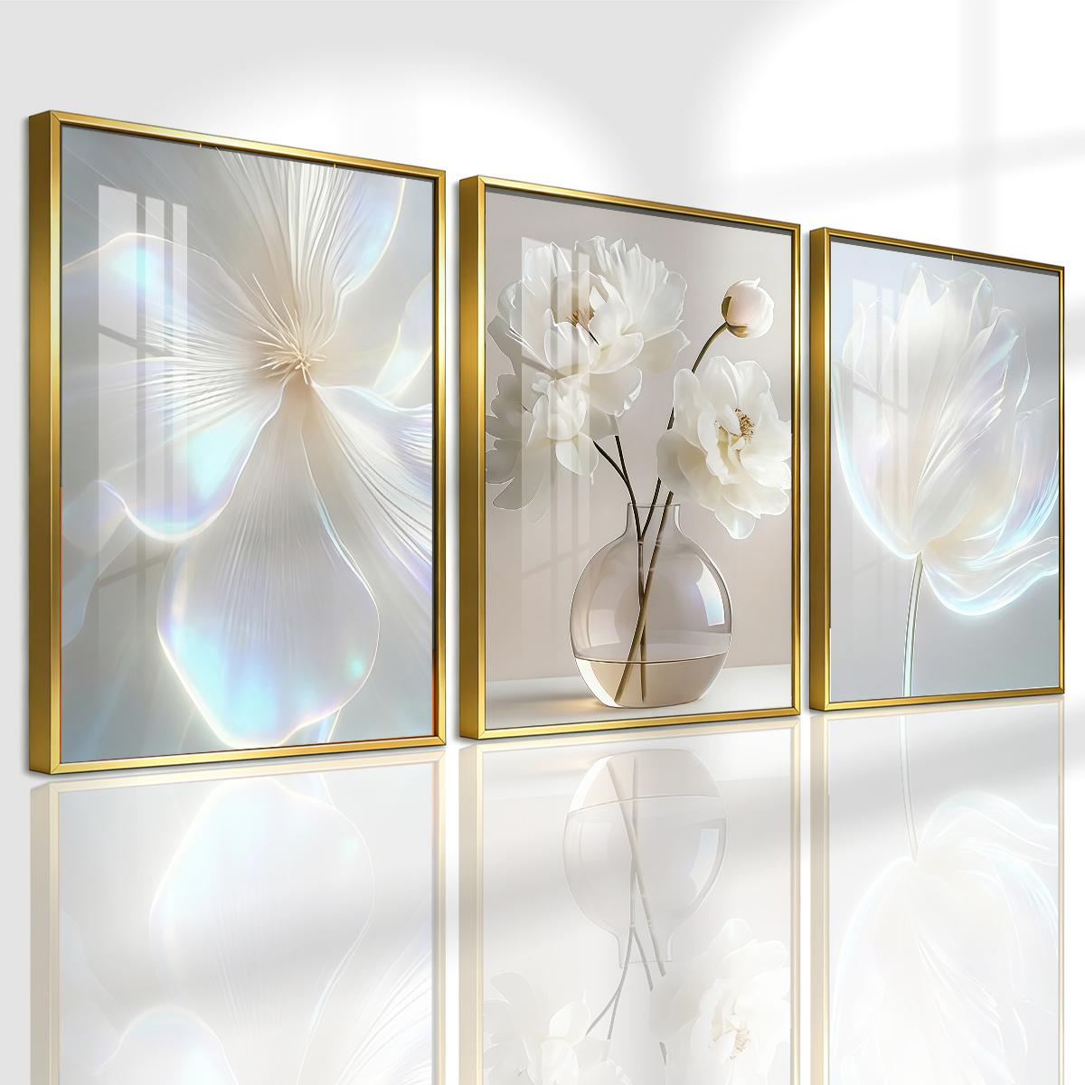3 Counts Aluminum Alloy Framed Painting, White Floral Vase Artwork, Home Decoration For Living Room, Bedroom, Office, Restaurant, Hallway Wall Decor, Odorless Print Artwork, Luxury Perfect Gift For Friends And Family
