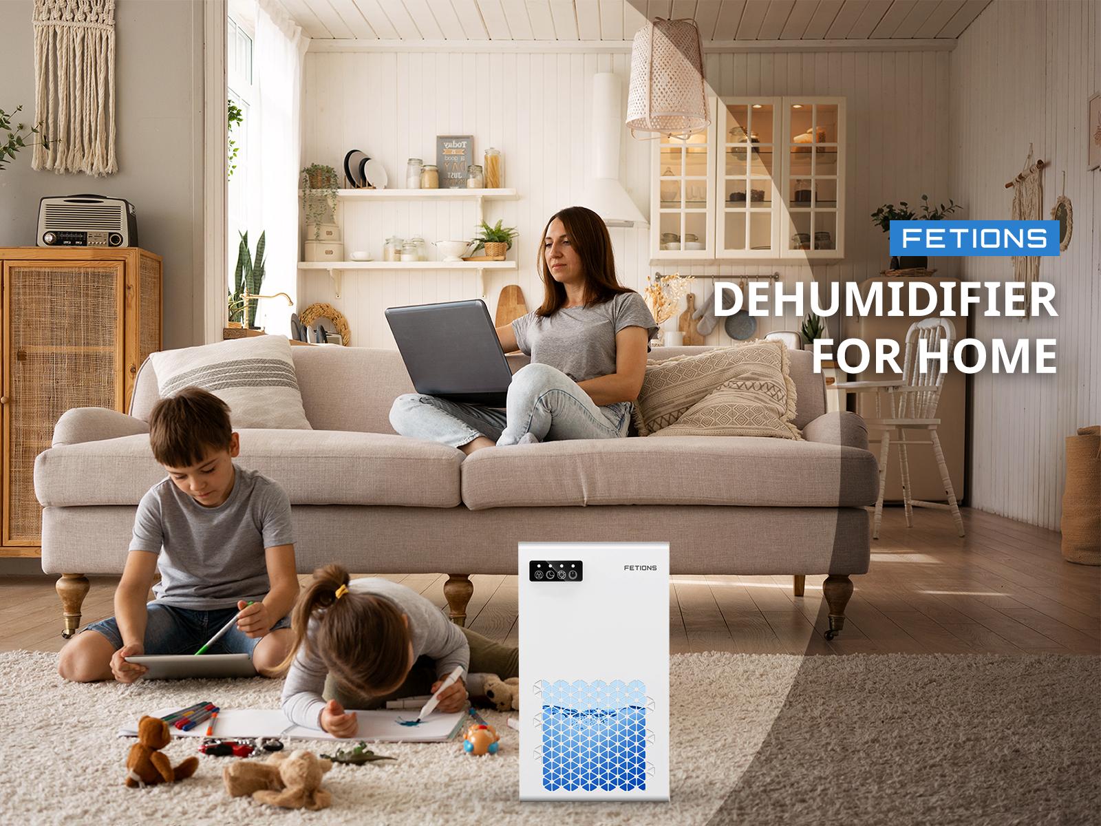 Fetions Portable Dehumidifier, 95oz Water Tank, High-Efficiency with 7 LED Color Options, Includes Drain Hose, Perfect for Kitchen, Bathroom, Bedroom, and Basement, White Compact Design Multifunctional