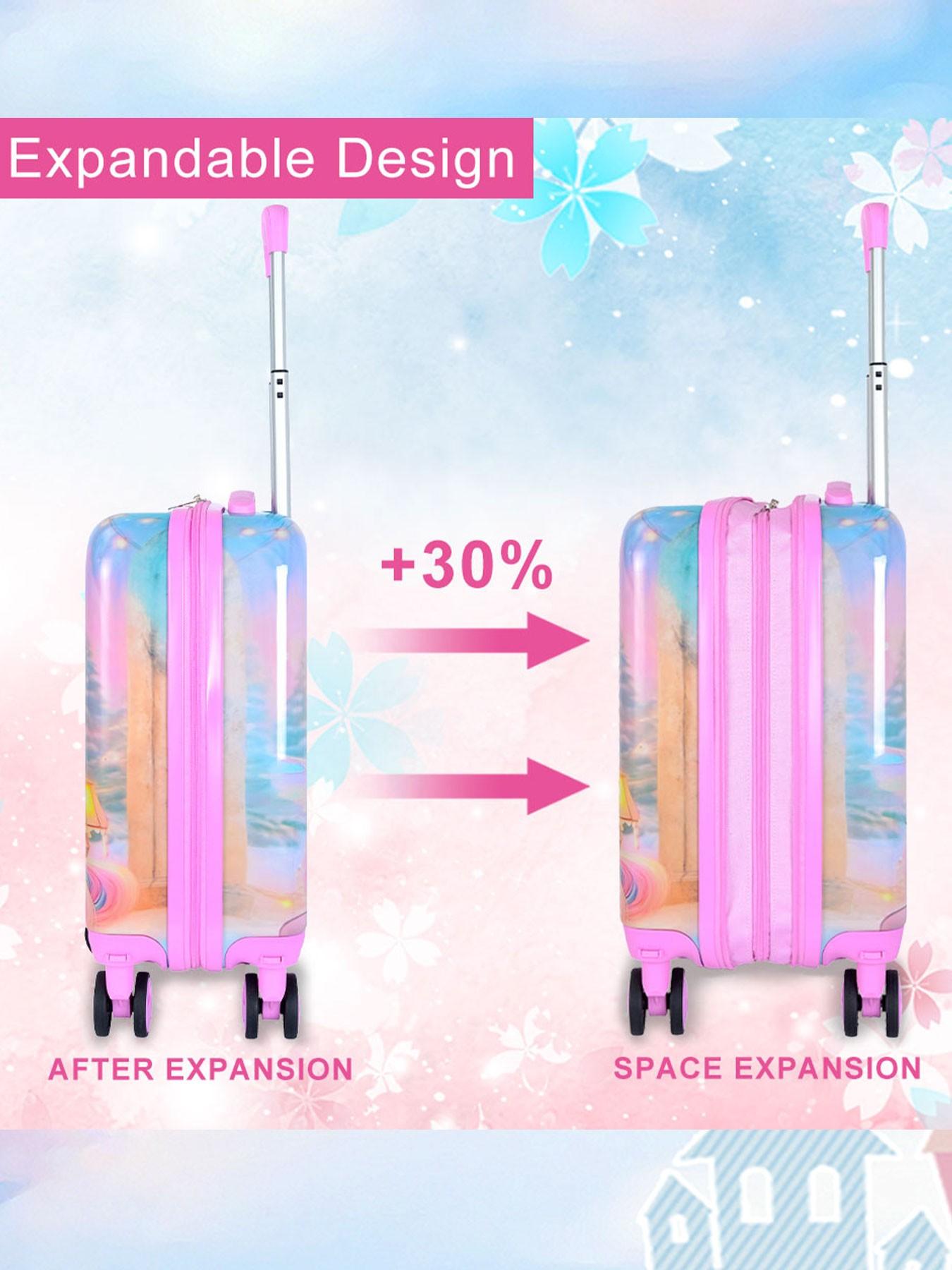 1 Set Kids Luggage Set, Cute Princess & Unicorn Print Hard Shell Suitcase with U-Shaped Neck Pillow, Lightweight Rolling Carry On Luggage for Girls, Travel Trolley Case for School Trip, Vacation, Airplane