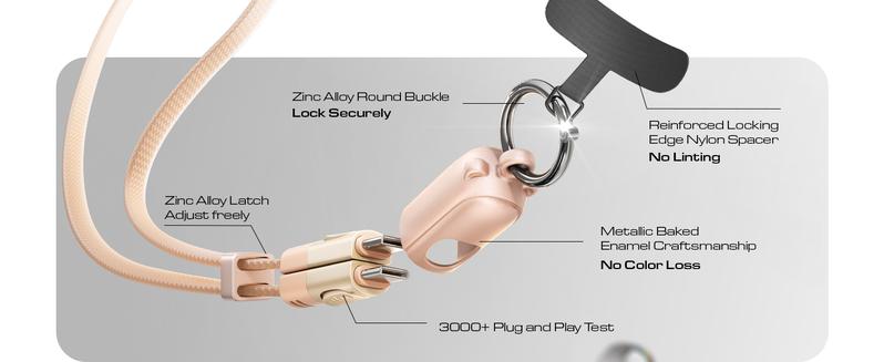 LISEN Crossbody Lanyard Teacher 60W USB C Cable for iPhone Air 17 16 15 Anti-Theft Phone Chain Crossbody Phone Strap for Most Smartphones Cell Phone Neck Holder for Women Desert Gold Silicone Metal Pad Transparent