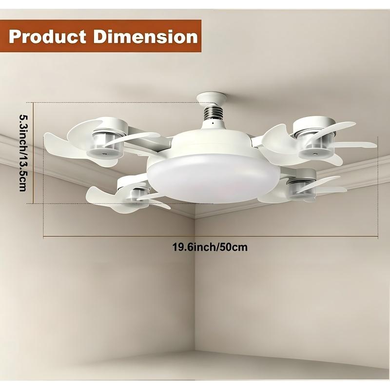 E27 Socket Ceiling Fan Light 2 in 1 Silent LED Fan with Remote Control, E27 Screw in Ceiling Fan in Light Socket, 3 Color and 3-Speeds Adjustable, Easy Install for Home (4-Heads)