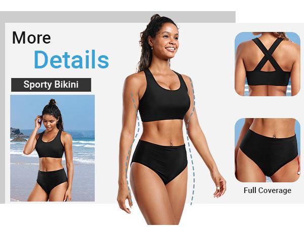 Holipick Women High Waisted Two Piece Bikini Sports Crop Top Swimsuit Scoop Neck Bathing Suit for Teen Girls with Bottom