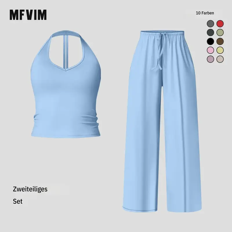 Women's 2-Piece Yoga Fitness Set - Nylon Elastane Athleisure Tracksuit with Solid Halter Neck Top & Wide Leg Pants, Sportswear for Gym, Workout Athletic Wear, Back to School Outfit,outdoorfun