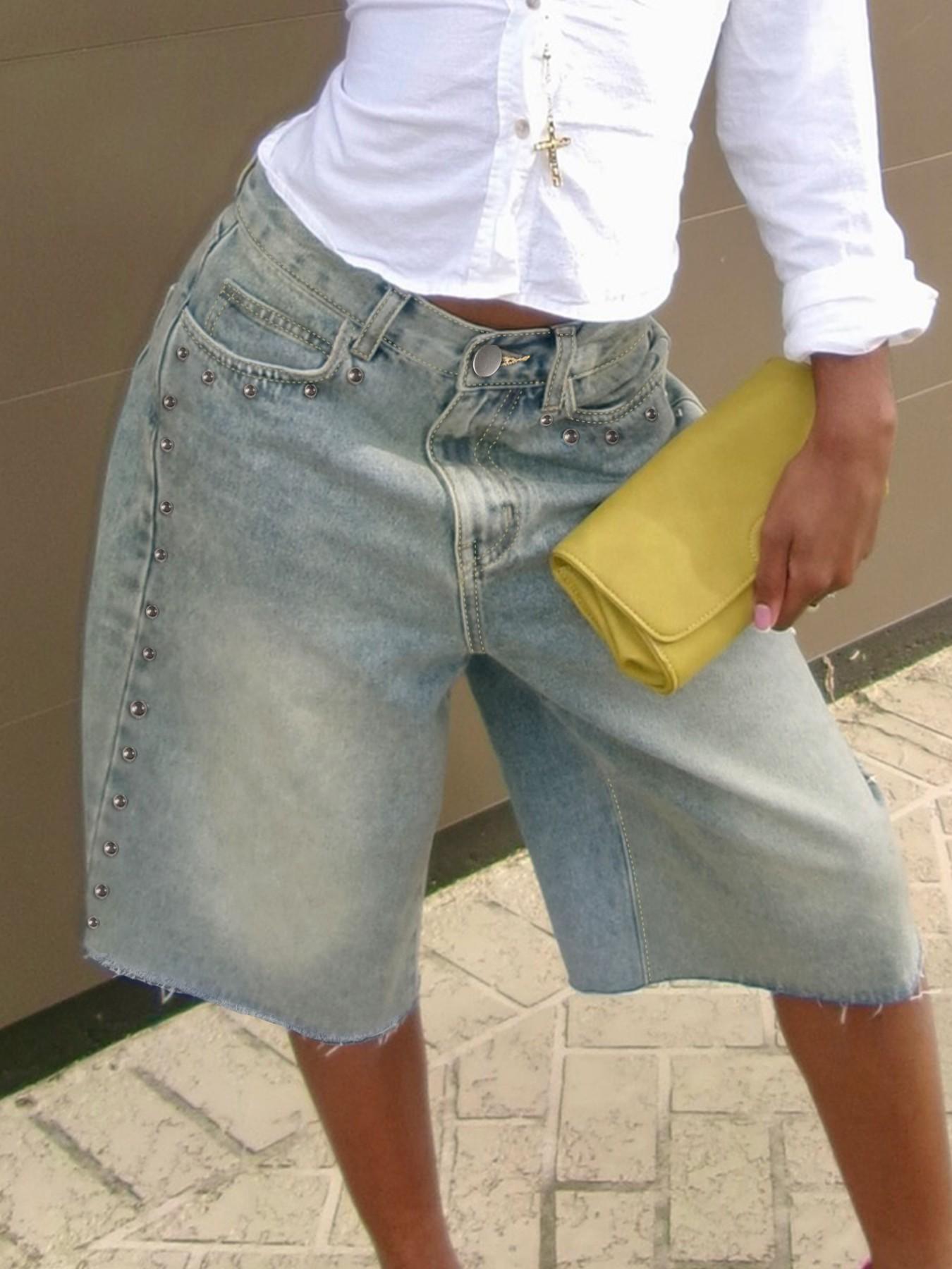 Vintage Washed Studded Wide-Leg Denim Jorts, Raw Hem High-Waisted Bermuda Shorts, Perfect for Brunch Dates & City Chic