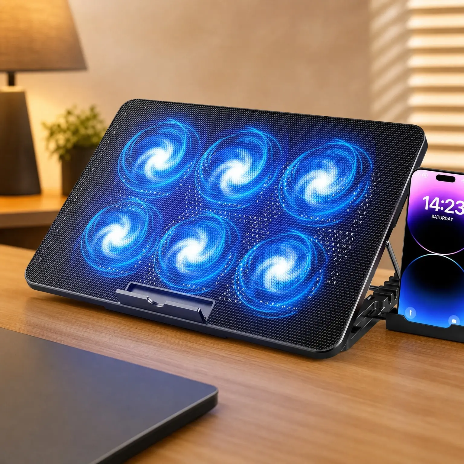 Laptop Cooling Pad with 6 Quiet Fans for 12-17 Inch Gaming Notebook, Adjustable Height & Wind Speed, 2 USB Ports, Phone Holder, Stable Stand - BlackGift