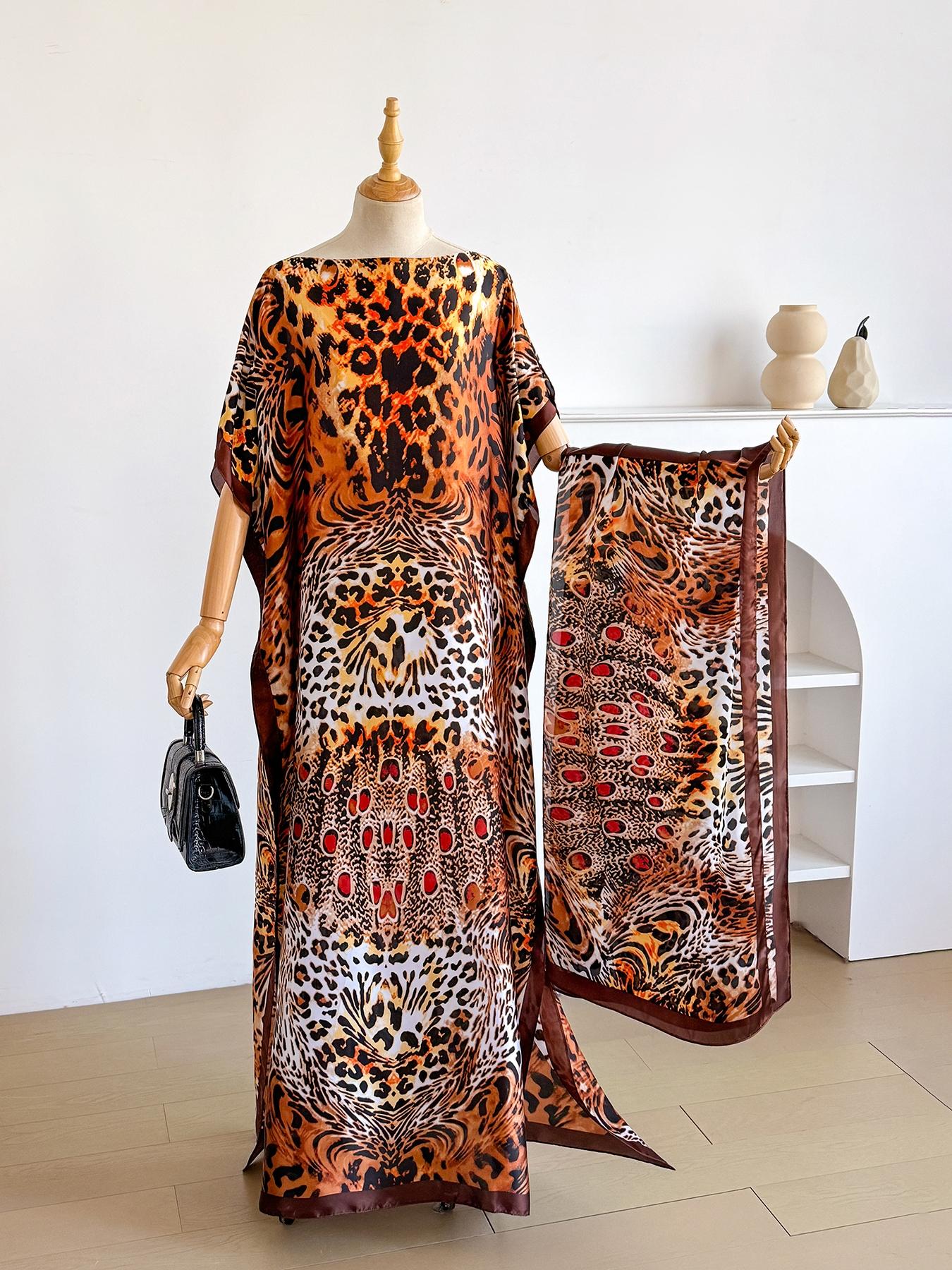 Women's Leopard Print Long Sleeve Kimono & Bandana Set, Casual Open Front Outerwear & Square Scarf Set for Beach Vacation, Ladies Clothes Accessories for All Seasons