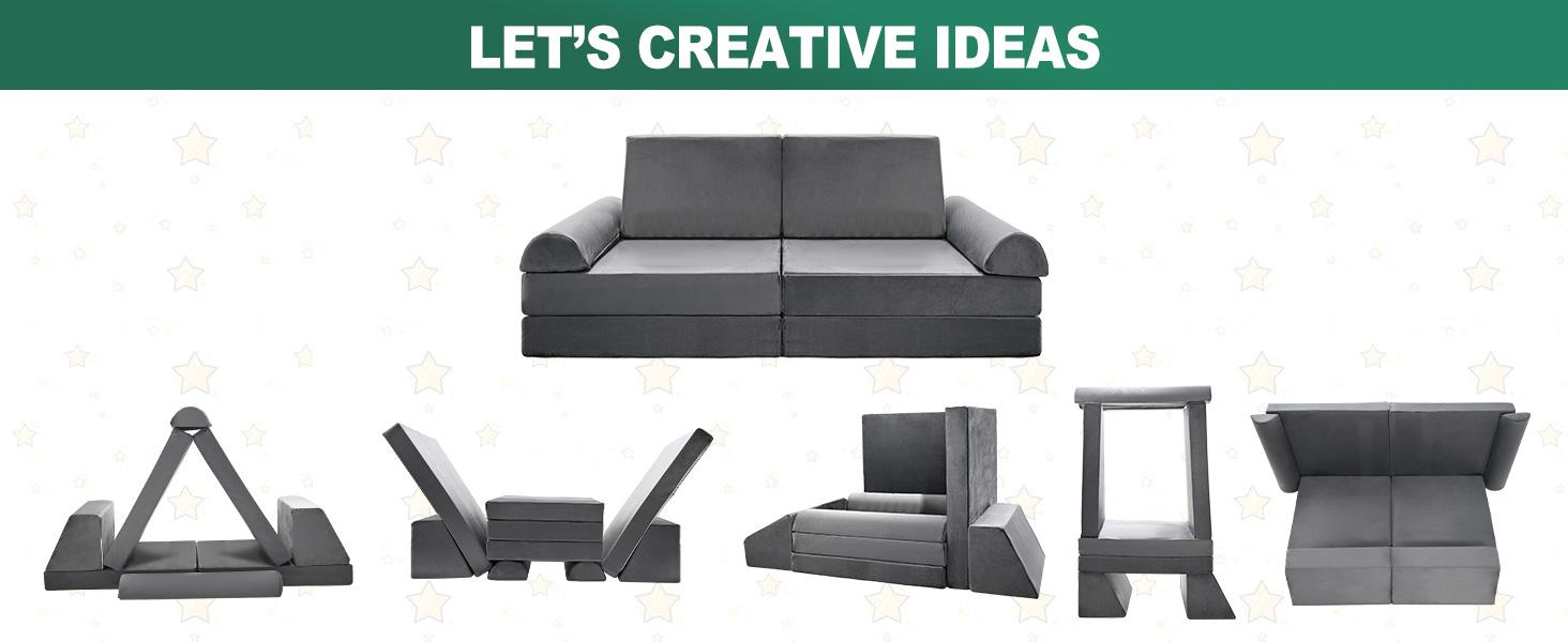 Lilypelle Kids Couch Play Set, 8/10/11PCS Modular Kids Sofa Couch Fold Out Couch Playhouse Play Set for Toddlers, Creative Couch Kids Foam Play Couch Indoor