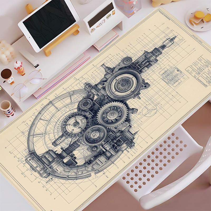 [Mouse Desk Pad] Non-Slip Mouse Pad Large Gaming Mouse Pad With Rubber Base & Stitched Edge Steampunk Gears Vintage Blueprint Design Desk Top Protector Mat For Home Office Use And Holiday Gifts