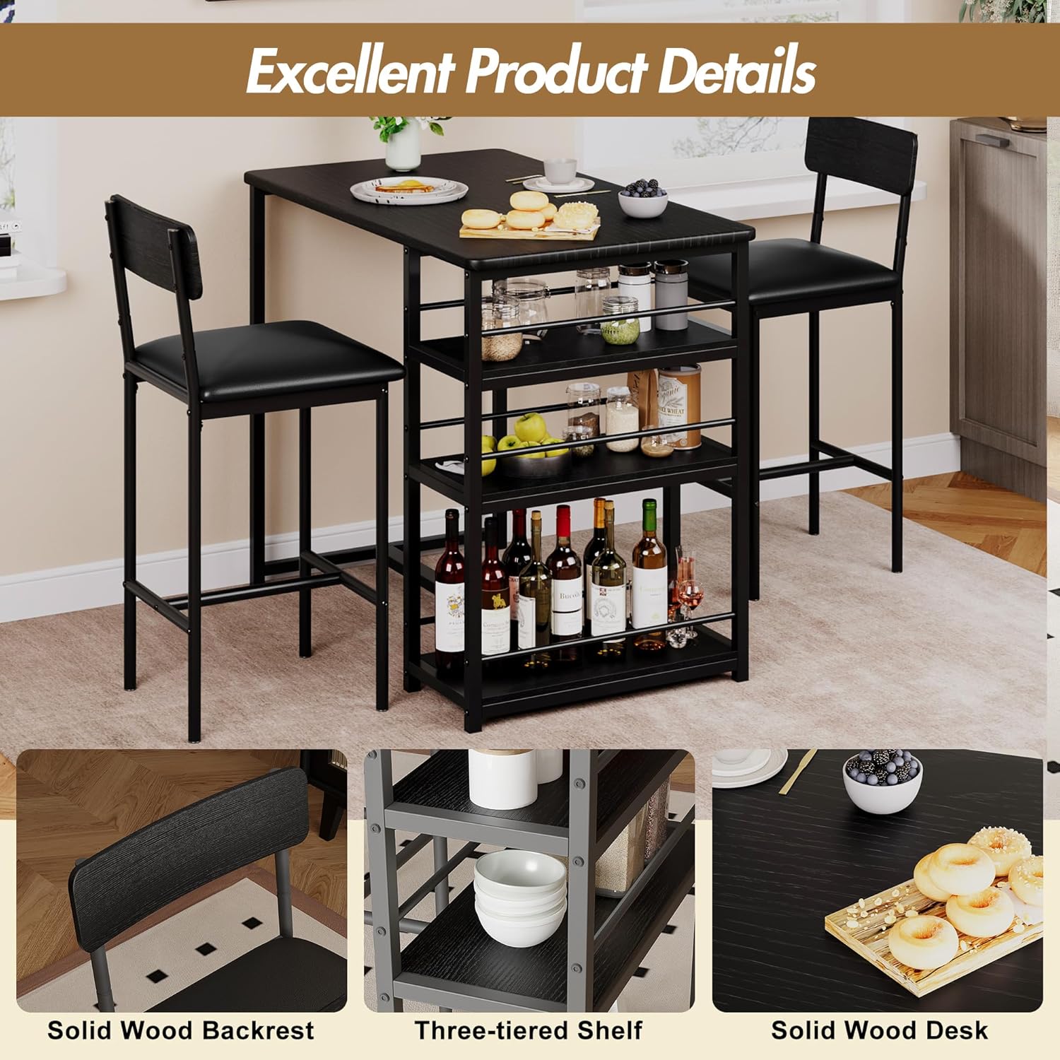 3-Piece Double Bar Table Set with 3-Tier Storage Shelves, Compact Kitchen Dining Table Set with 2 Upholstered Stools, Space-Saving Breakfast Nook for Kitchens, Taverns, Apartments