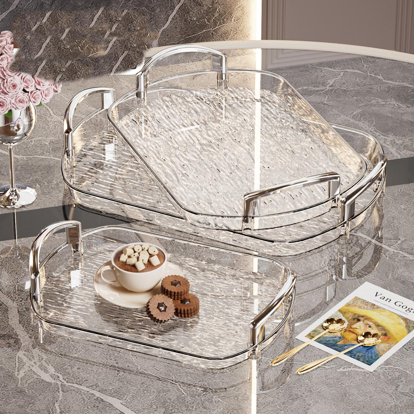 3 Pack Serving Tray with Handles, Stackable Reusable Trays for Serving Food, Plastic Serving Platters for Party, Charcuterie, Fruit, Appetizer