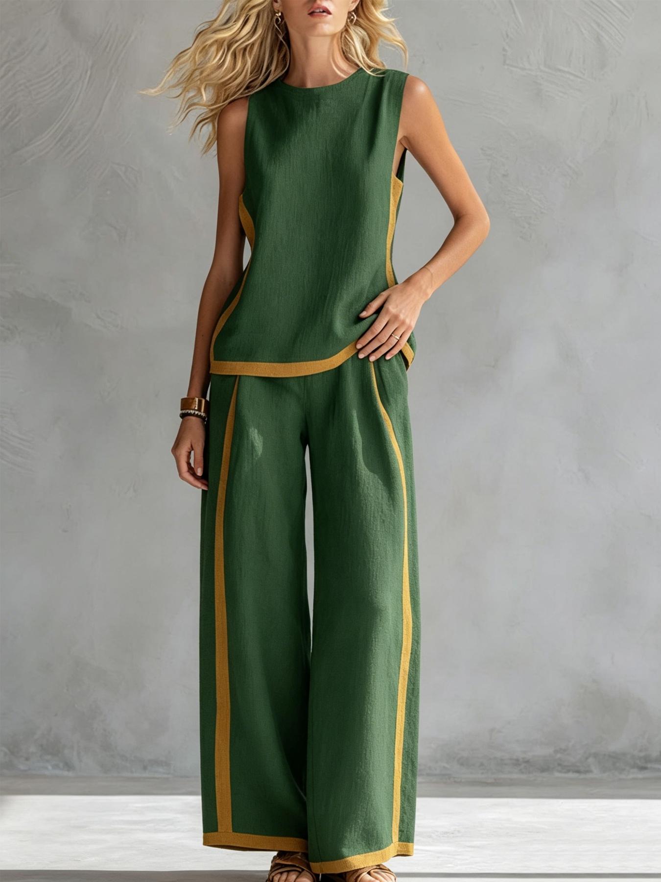 Women's Casual Loose color blocked sleeveless wide leg two-piece set, Colorblock casual set, with breathable surface suitable for commuting, daily wear. Multiple colors available